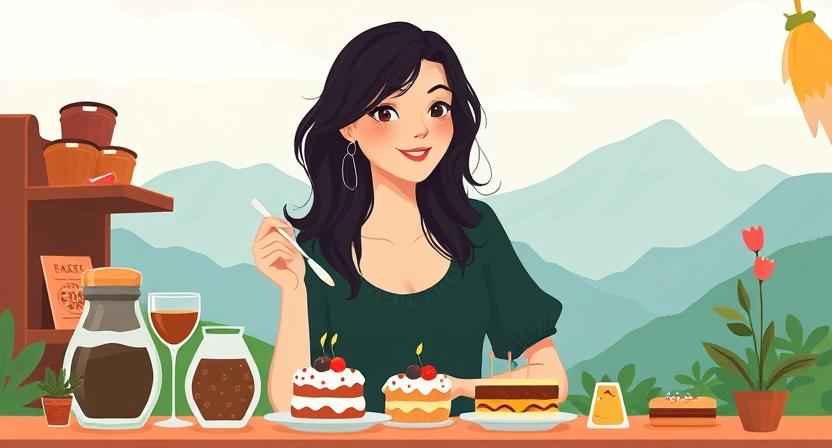 Juliann y sus postres en su mesa de ventas